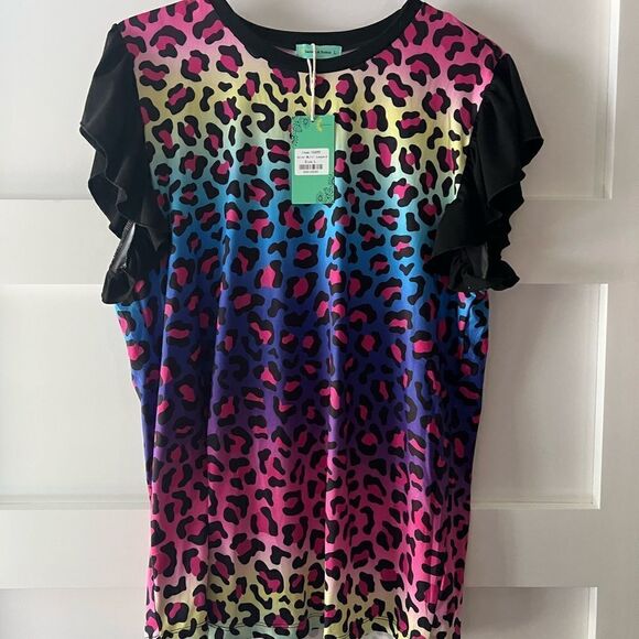 New Sunshine and Rodeos Multicolored leopard print ruffle sleeve top size L - Picture 1 of 8